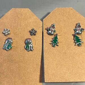 4 pr tiny Christmas stud earrings.  Dog, snowflake, tree & snowman.